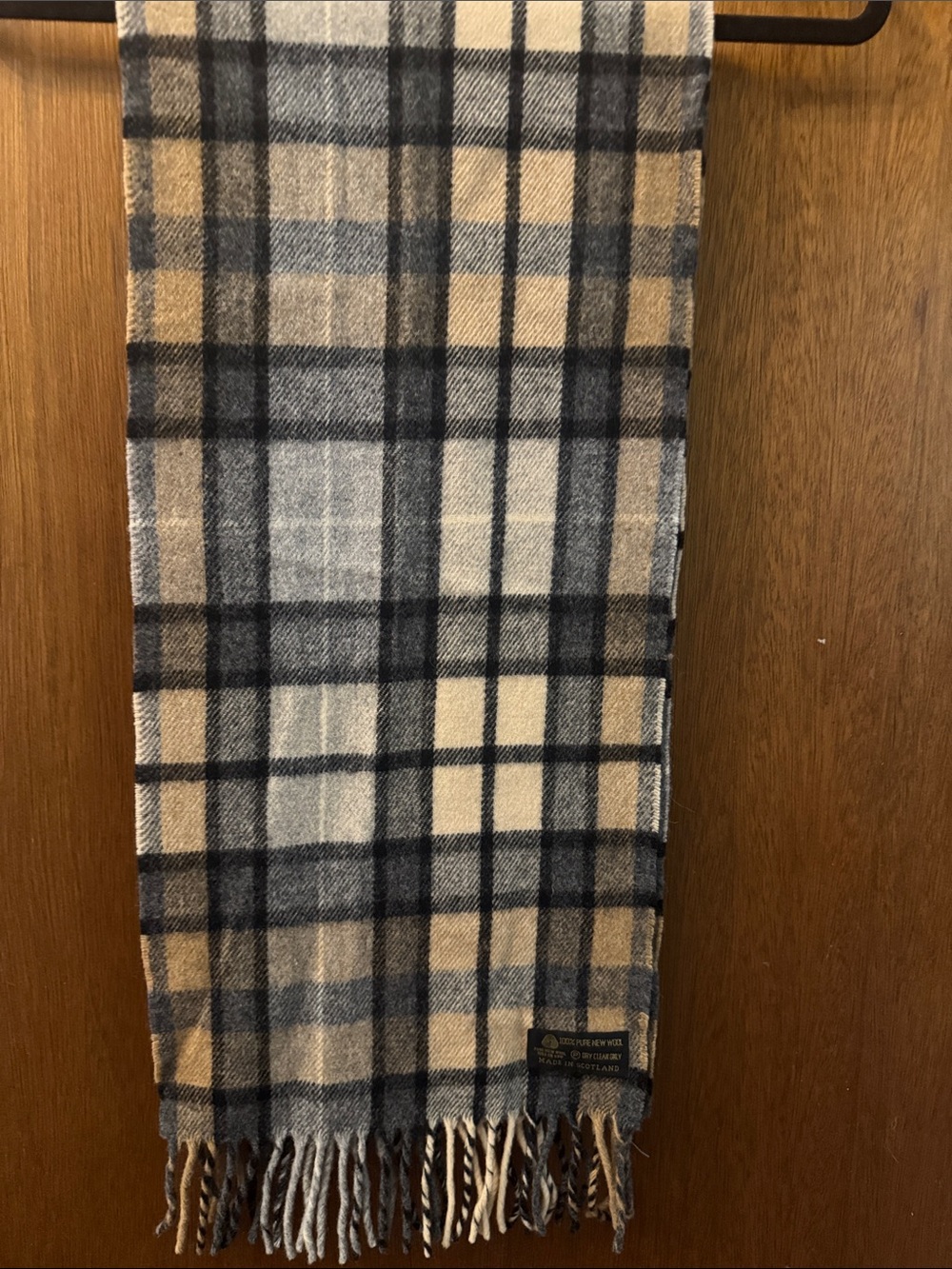 Plaid Fringe Scarf in Blue, Tan and Cream - 100% pure new wool
